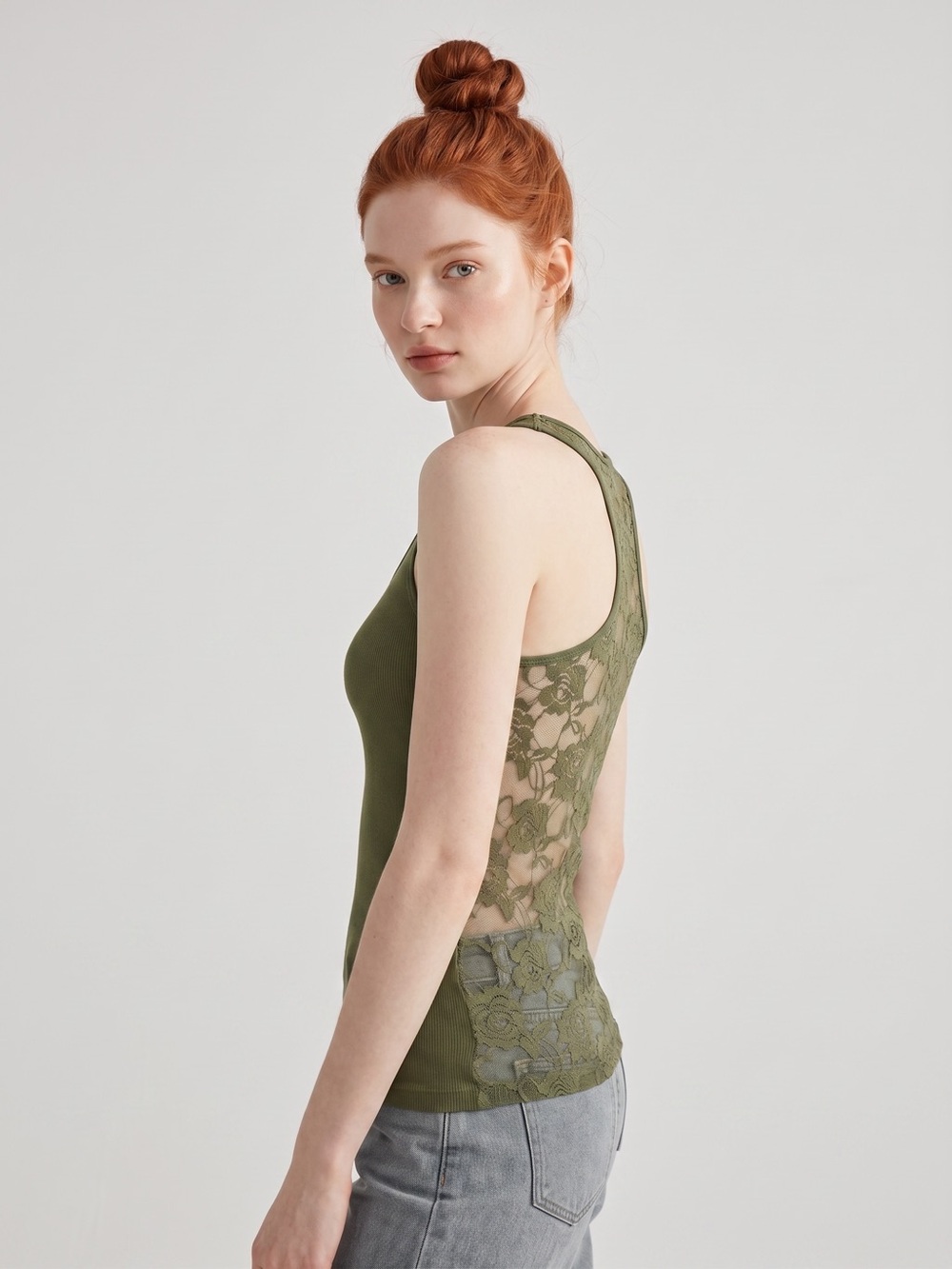 Vintage Y2K Soho Olive Green Lace-Back Tank Top Fairycore, whimsygoth. Feminine